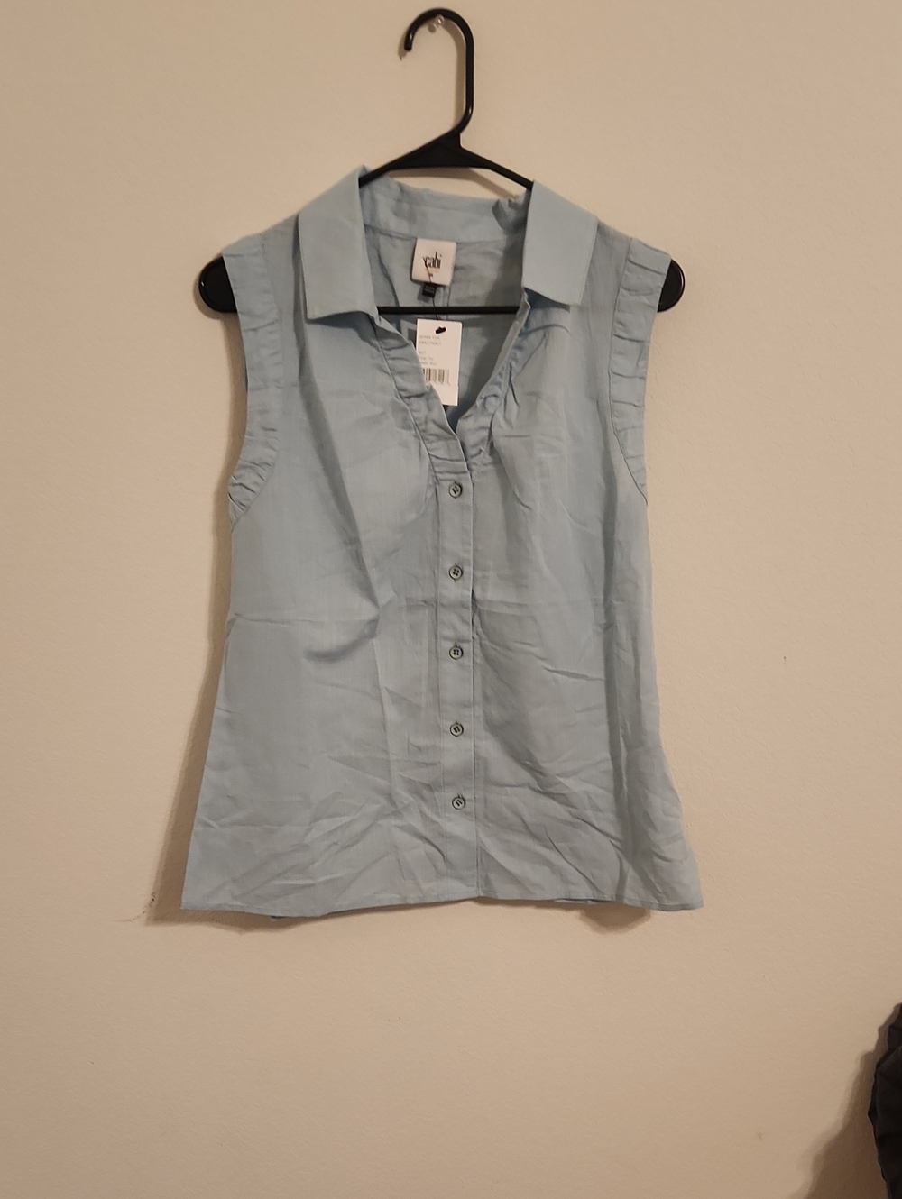 CAbi Sleeveless Collared Button-Down Blouse in Pale Blue